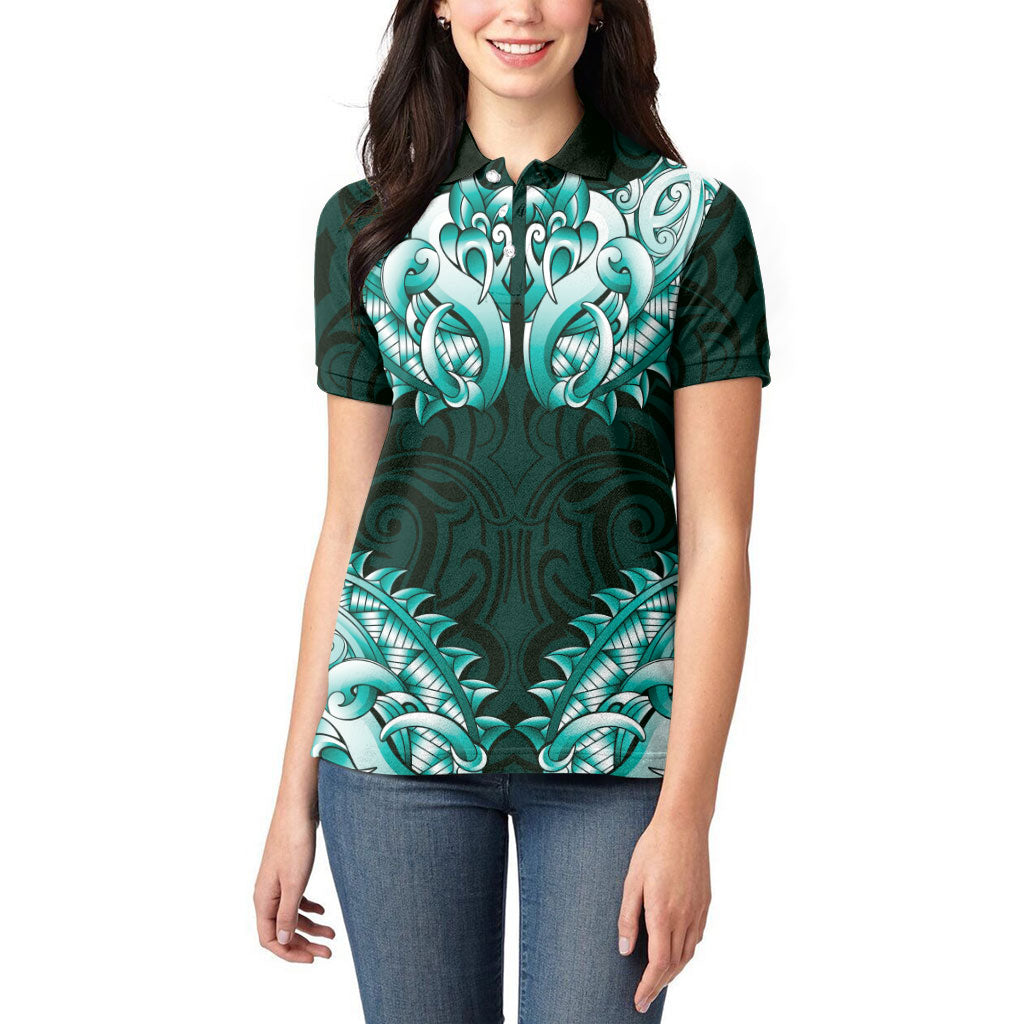 New Zealand Ta Moko Women Polo Shirt Aotearoa Maori Chest Tattoo Turquoise