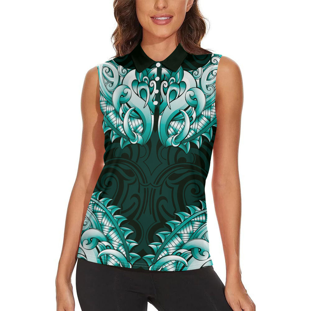 New Zealand Ta Moko Women Sleeveless Polo Shirt Aotearoa Maori Chest Tattoo Turquoise