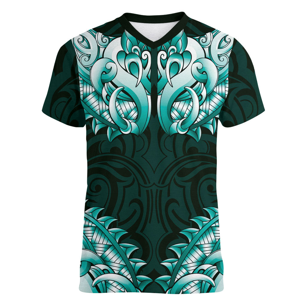 New Zealand Ta Moko Women V-Neck T-Shirt Aotearoa Maori Chest Tattoo Turquoise
