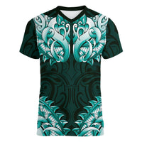 New Zealand Ta Moko Women V-Neck T-Shirt Aotearoa Maori Chest Tattoo Turquoise