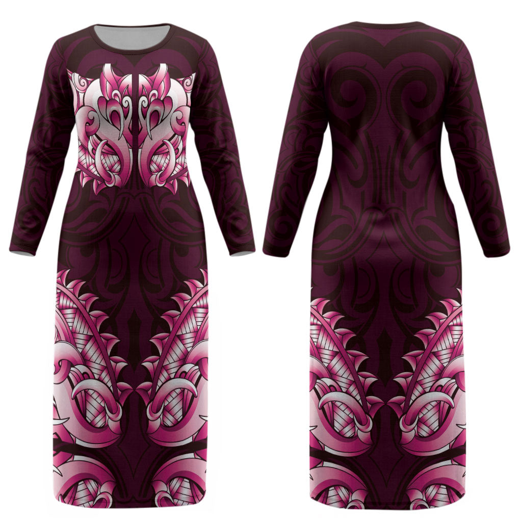 New Zealand Ta Moko Couples Matching Long Sleeve Bodycon Dress and Hawaiian Shirt Aotearoa Maori Chest Tattoo Pink