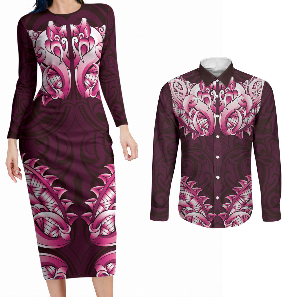 New Zealand Ta Moko Couples Matching Long Sleeve Bodycon Dress and Long Sleeve Button Shirt Aotearoa Maori Chest Tattoo Pink