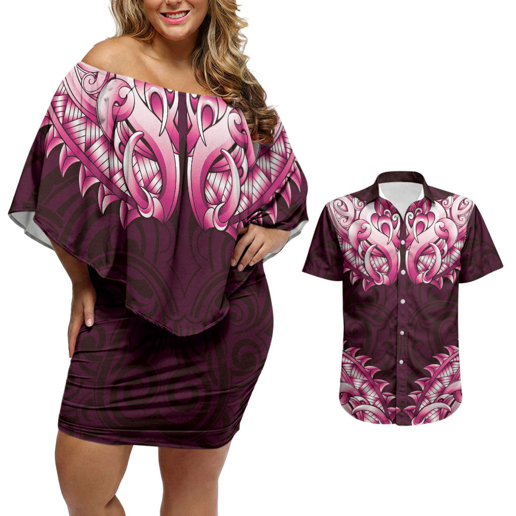New Zealand Ta Moko Couples Matching Off Shoulder Short Dress and Hawaiian Shirt Aotearoa Maori Chest Tattoo Pink