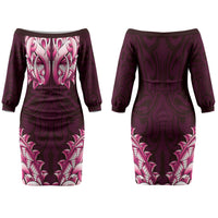 New Zealand Ta Moko Couples Matching Off The Shoulder Long Sleeve Dress and Long Sleeve Button Shirt Aotearoa Maori Chest Tattoo Pink