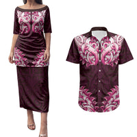 New Zealand Ta Moko Couples Matching Puletasi and Hawaiian Shirt Aotearoa Maori Chest Tattoo Pink