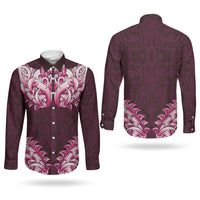 New Zealand Ta Moko Couples Matching Puletasi and Long Sleeve Button Shirt Aotearoa Maori Chest Tattoo Pink