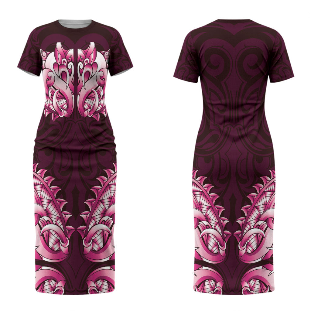 New Zealand Ta Moko Couples Matching Short Sleeve Bodycon Dress and Hawaiian Shirt Aotearoa Maori Chest Tattoo Pink