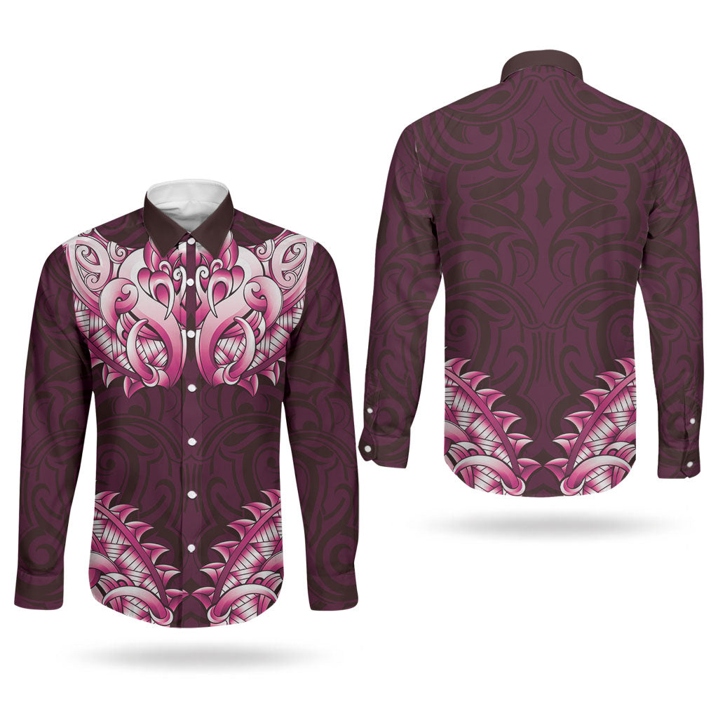 New Zealand Ta Moko Couples Matching Summer Maxi Dress and Long Sleeve Button Shirt Aotearoa Maori Chest Tattoo Pink