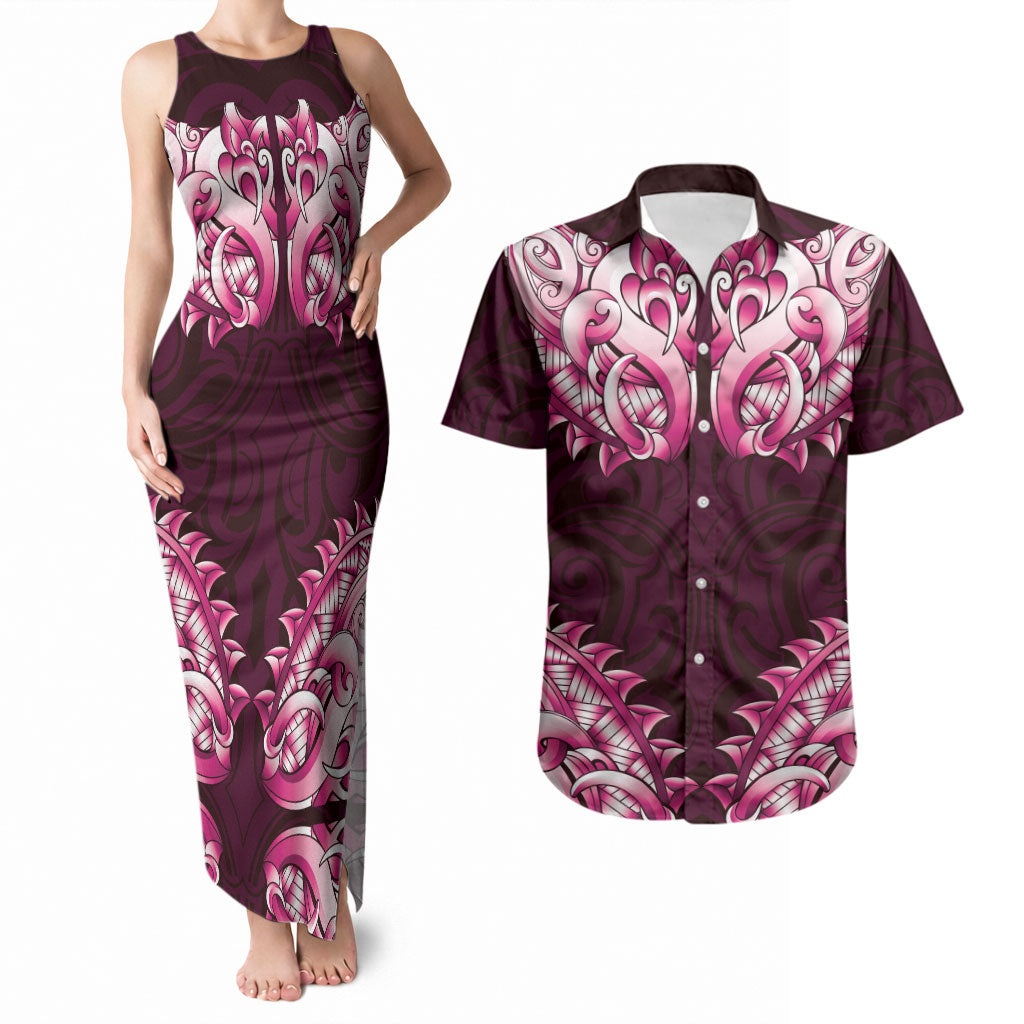 New Zealand Ta Moko Couples Matching Tank Maxi Dress and Hawaiian Shirt Aotearoa Maori Chest Tattoo Pink