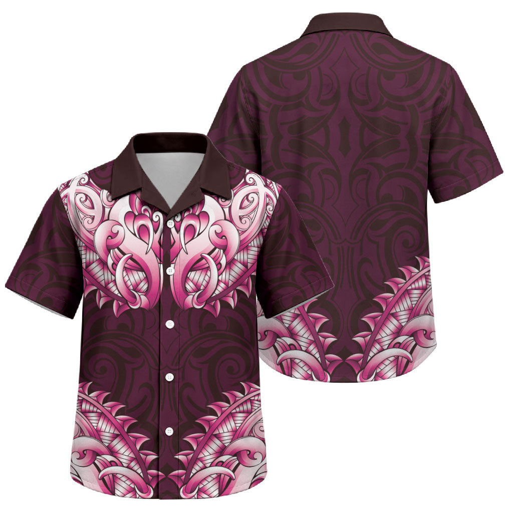 New Zealand Ta Moko Family Matching Off The Shoulder Long Sleeve Dress and Hawaiian Shirt Aotearoa Maori Chest Tattoo Pink