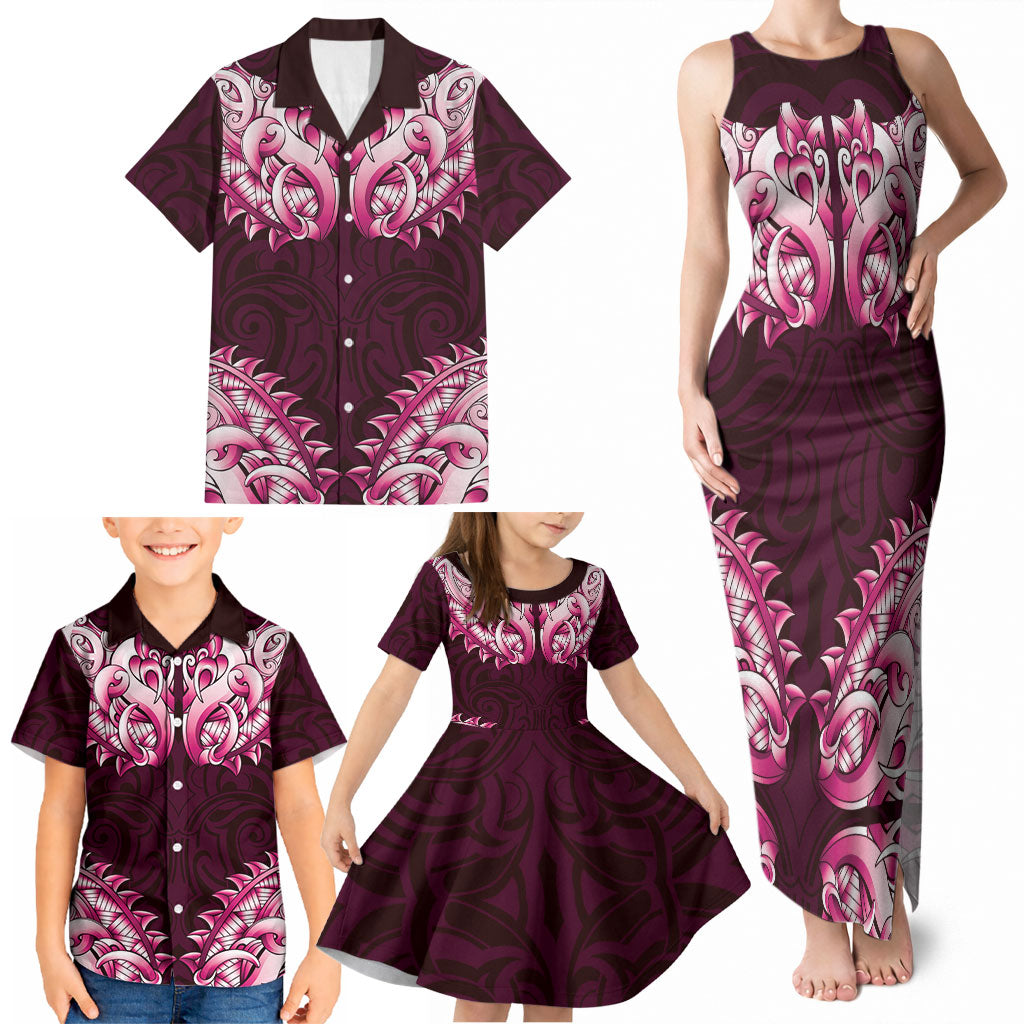 New Zealand Ta Moko Family Matching Tank Maxi Dress and Hawaiian Shirt Aotearoa Maori Chest Tattoo Pink