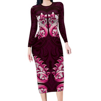 New Zealand Ta Moko Long Sleeve Bodycon Dress Aotearoa Maori Chest Tattoo Pink