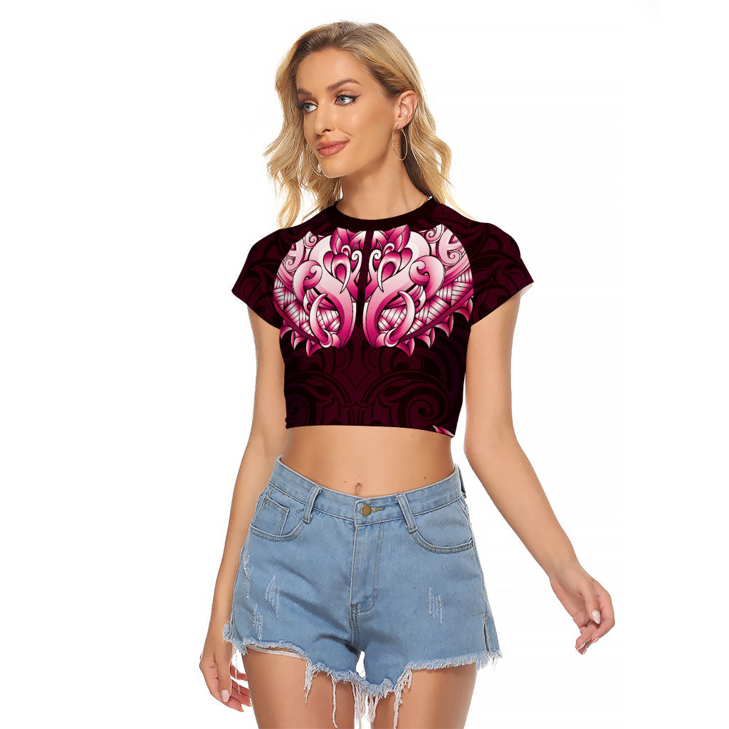 New Zealand Ta Moko Raglan Cropped T Shirt Aotearoa Maori Chest Tattoo Pink
