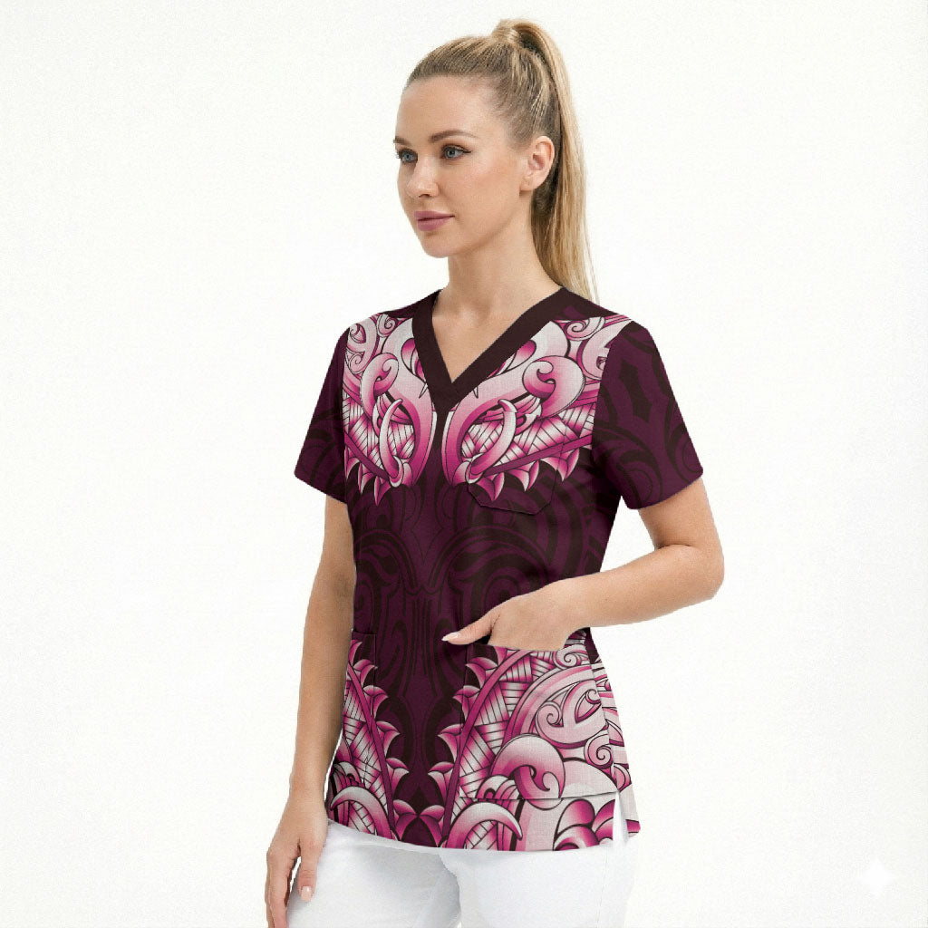 New Zealand Ta Moko Scrub Top Aotearoa Maori Chest Tattoo Pink