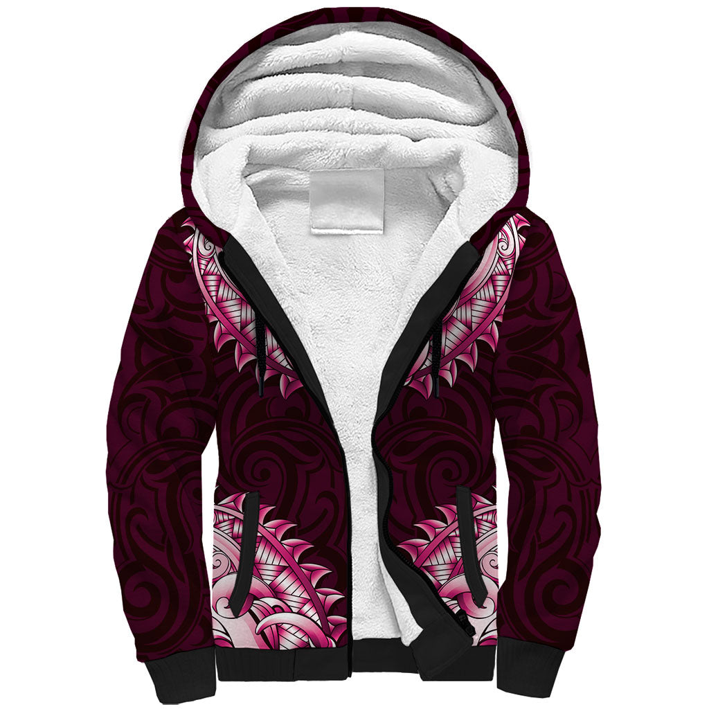 New Zealand Ta Moko Sherpa Hoodie Aotearoa Maori Chest Tattoo Pink