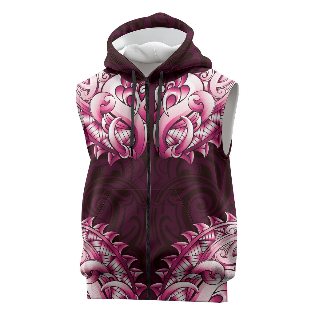 New Zealand Ta Moko Sleeveless Zip Hoodie Aotearoa Maori Chest Tattoo Pink