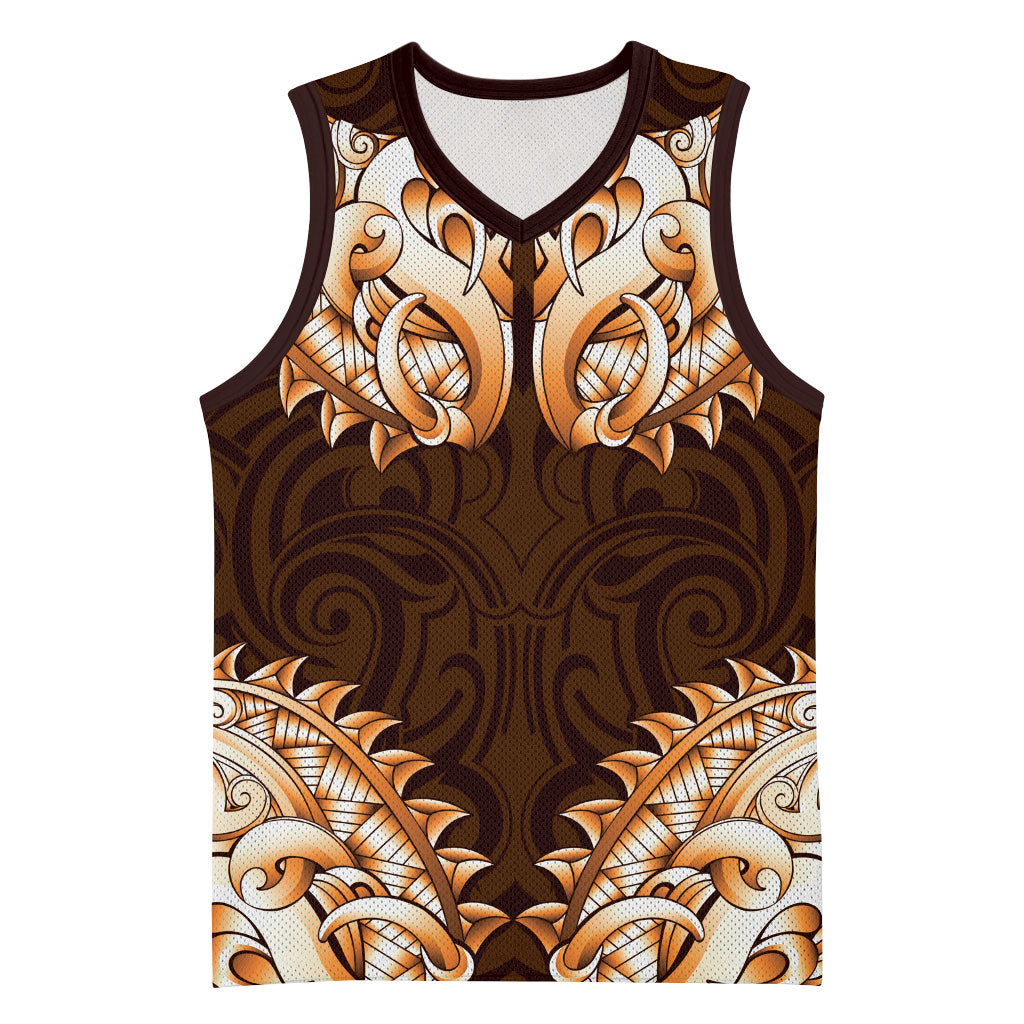 New Zealand Ta Moko Basketball Jersey Aotearoa Maori Chest Tattoo Orange