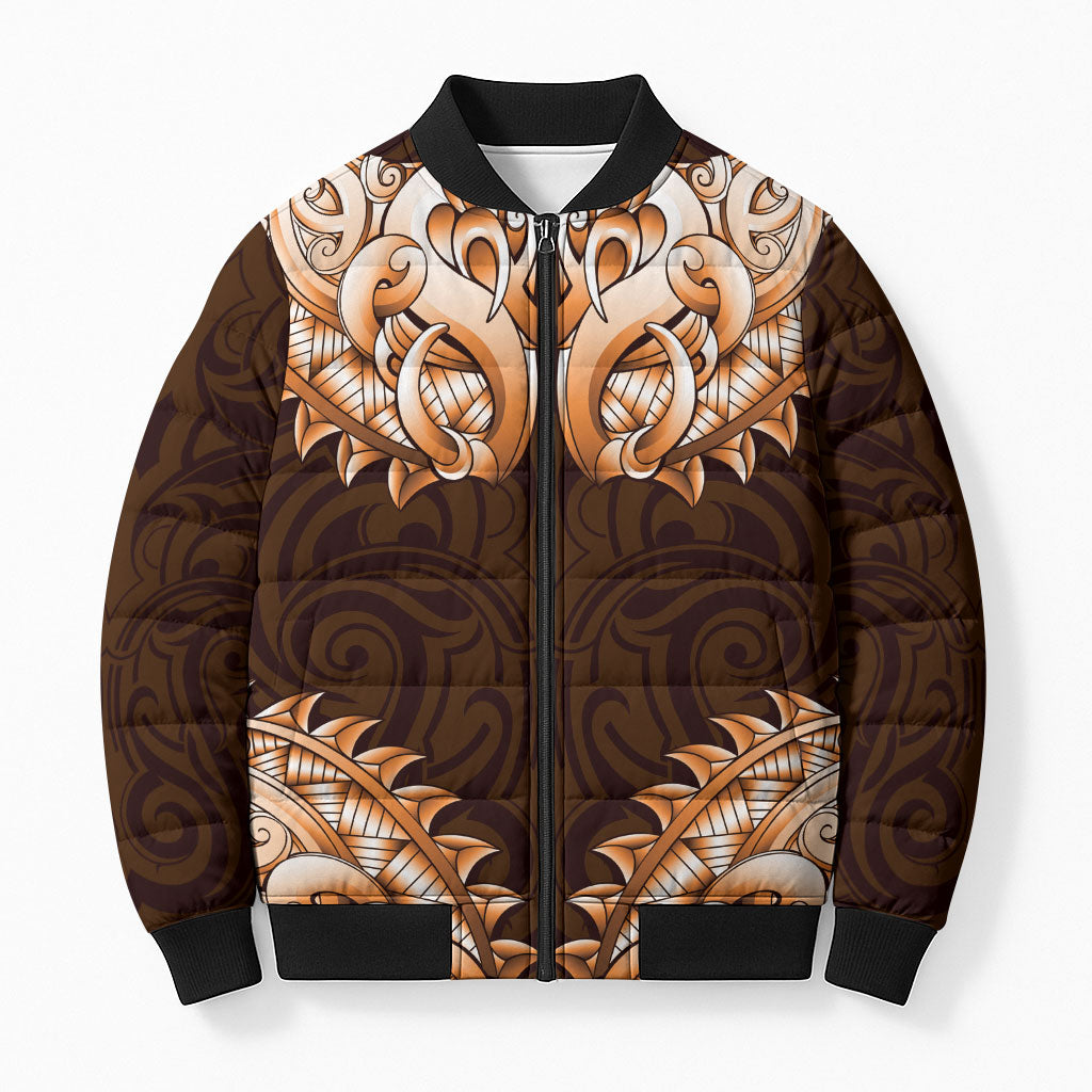 New Zealand Ta Moko Bomber Puffer Jacket Aotearoa Maori Chest Tattoo Orange