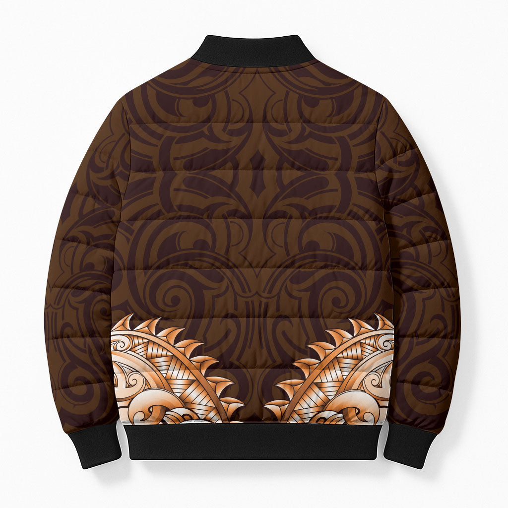 New Zealand Ta Moko Bomber Puffer Jacket Aotearoa Maori Chest Tattoo Orange