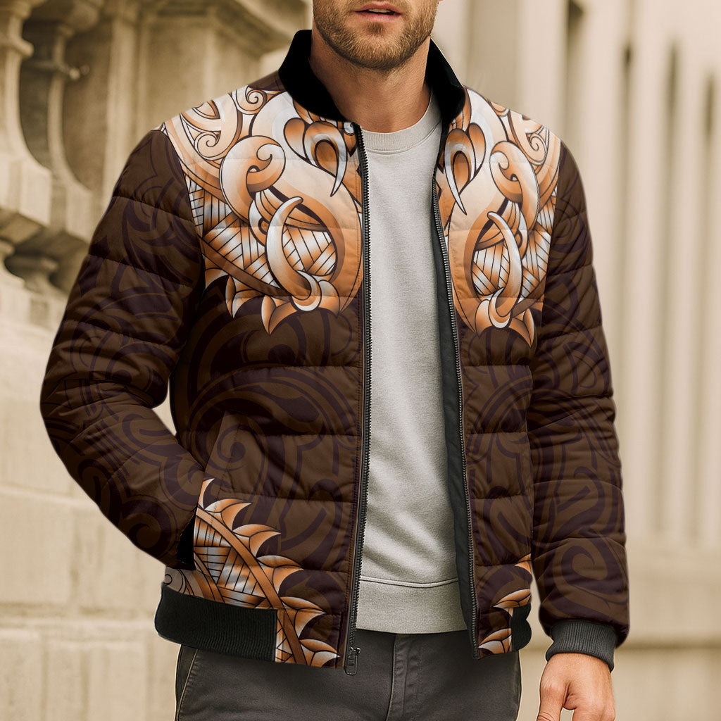 New Zealand Ta Moko Bomber Puffer Jacket Aotearoa Maori Chest Tattoo Orange