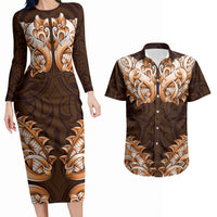 New Zealand Ta Moko Couples Matching Long Sleeve Bodycon Dress and Hawaiian Shirt Aotearoa Maori Chest Tattoo Orange