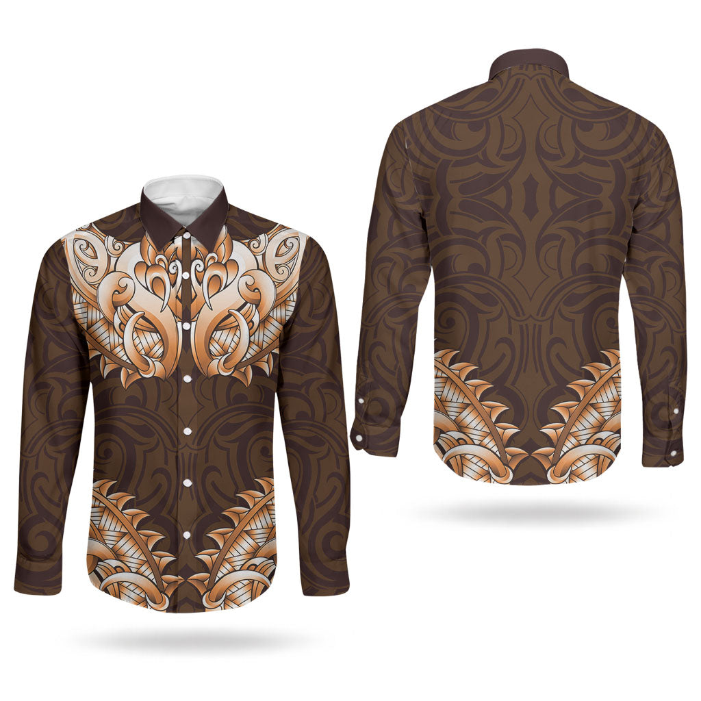 New Zealand Ta Moko Couples Matching Long Sleeve Bodycon Dress and Long Sleeve Button Shirt Aotearoa Maori Chest Tattoo Orange