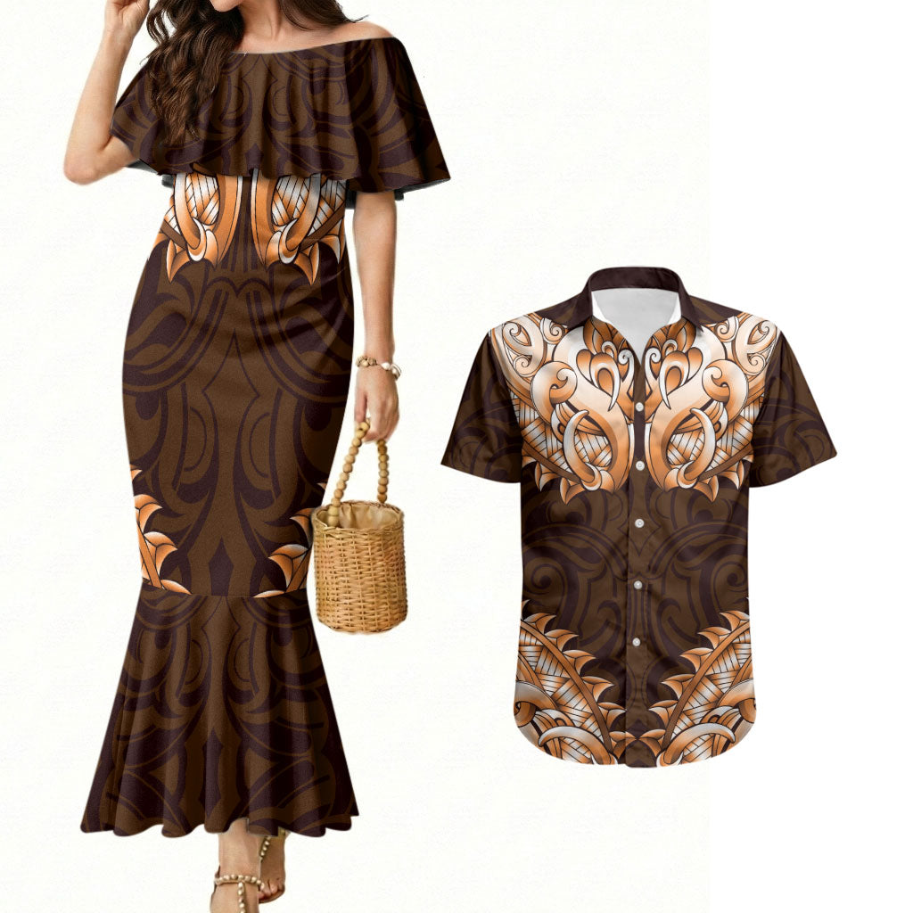 New Zealand Ta Moko Couples Matching Mermaid Dress and Hawaiian Shirt Aotearoa Maori Chest Tattoo Orange