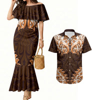 New Zealand Ta Moko Couples Matching Mermaid Dress and Hawaiian Shirt Aotearoa Maori Chest Tattoo Orange
