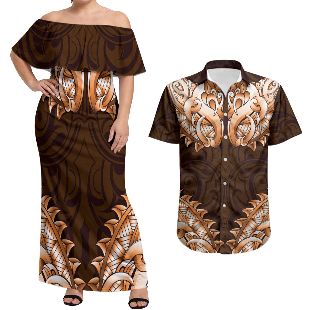 New Zealand Ta Moko Couples Matching Off Shoulder Maxi Dress and Hawaiian Shirt Aotearoa Maori Chest Tattoo Orange