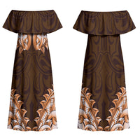 New Zealand Ta Moko Couples Matching Off Shoulder Maxi Dress and Long Sleeve Button Shirt Aotearoa Maori Chest Tattoo Orange