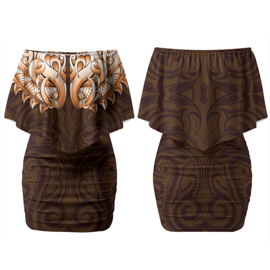 New Zealand Ta Moko Couples Matching Off Shoulder Short Dress and Hawaiian Shirt Aotearoa Maori Chest Tattoo Orange