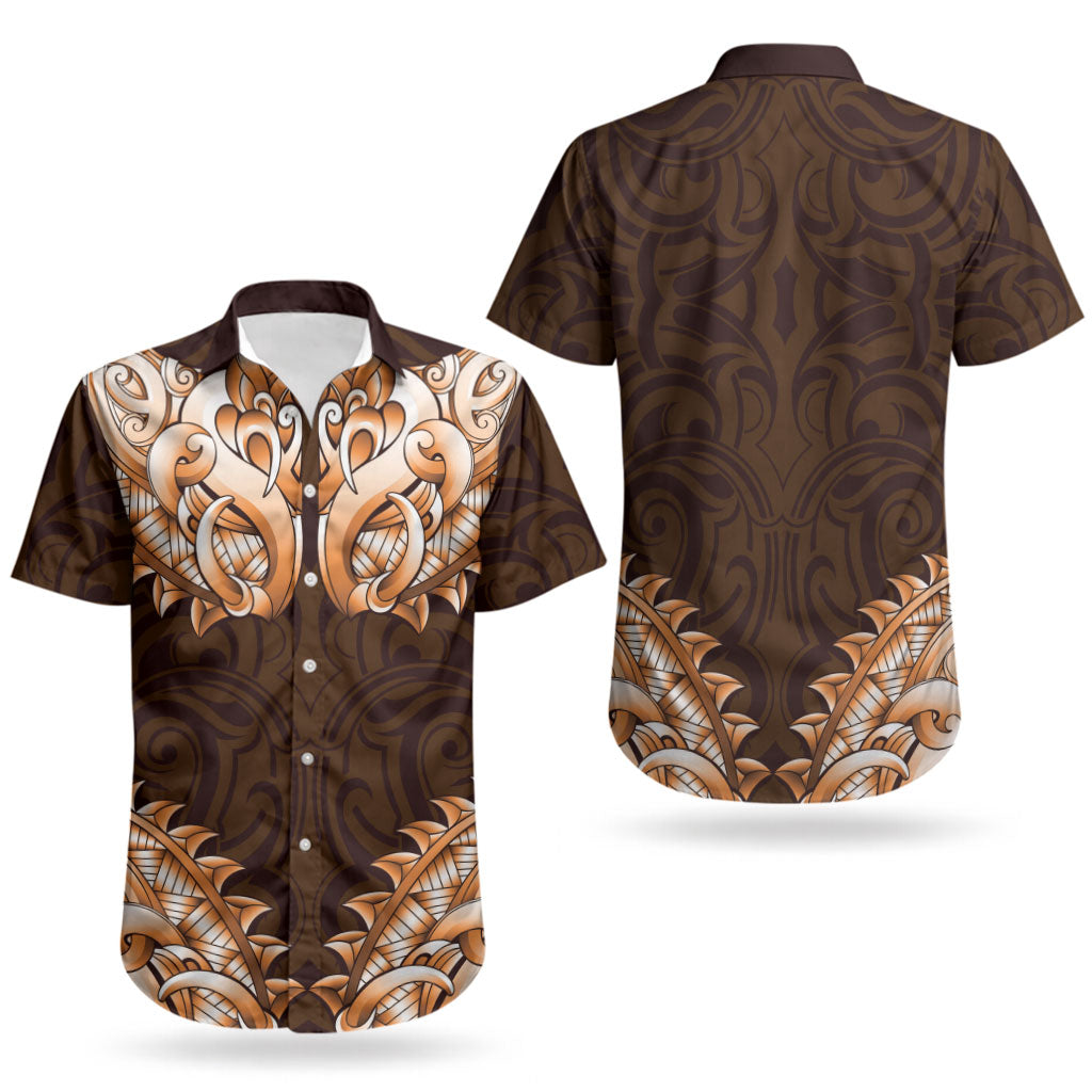 New Zealand Ta Moko Couples Matching Off Shoulder Short Dress and Hawaiian Shirt Aotearoa Maori Chest Tattoo Orange