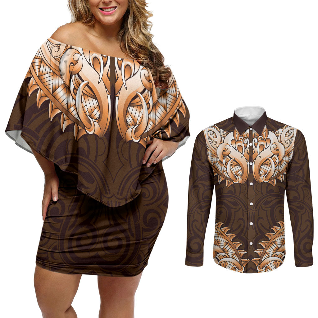 New Zealand Ta Moko Couples Matching Off Shoulder Short Dress and Long Sleeve Button Shirt Aotearoa Maori Chest Tattoo Orange