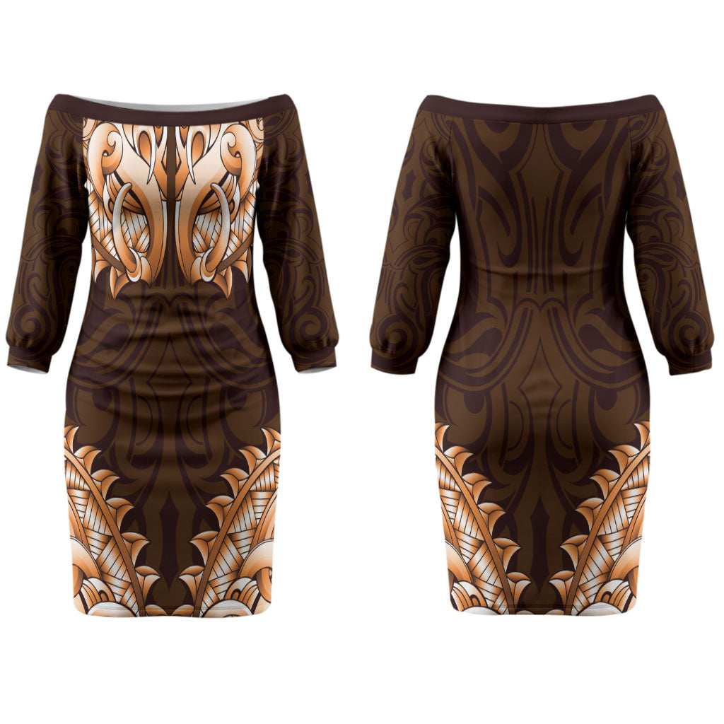 New Zealand Ta Moko Couples Matching Off The Shoulder Long Sleeve Dress and Hawaiian Shirt Aotearoa Maori Chest Tattoo Orange