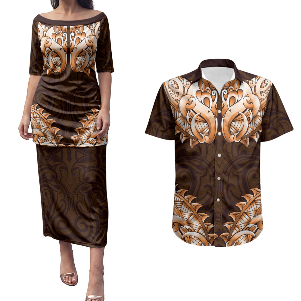 New Zealand Ta Moko Couples Matching Puletasi and Hawaiian Shirt Aotearoa Maori Chest Tattoo Orange