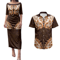 New Zealand Ta Moko Couples Matching Puletasi and Hawaiian Shirt Aotearoa Maori Chest Tattoo Orange