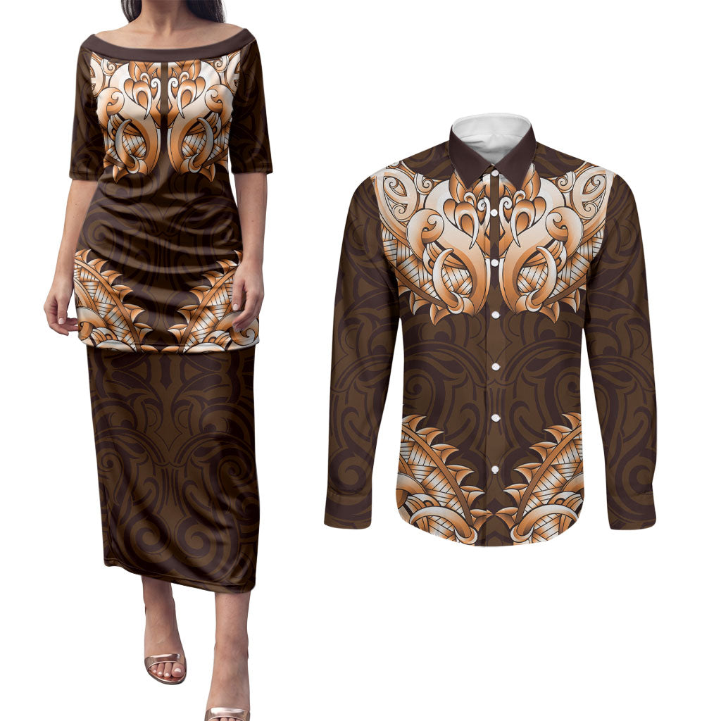 New Zealand Ta Moko Couples Matching Puletasi and Long Sleeve Button Shirt Aotearoa Maori Chest Tattoo Orange
