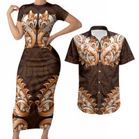 New Zealand Ta Moko Couples Matching Short Sleeve Bodycon Dress and Hawaiian Shirt Aotearoa Maori Chest Tattoo Orange