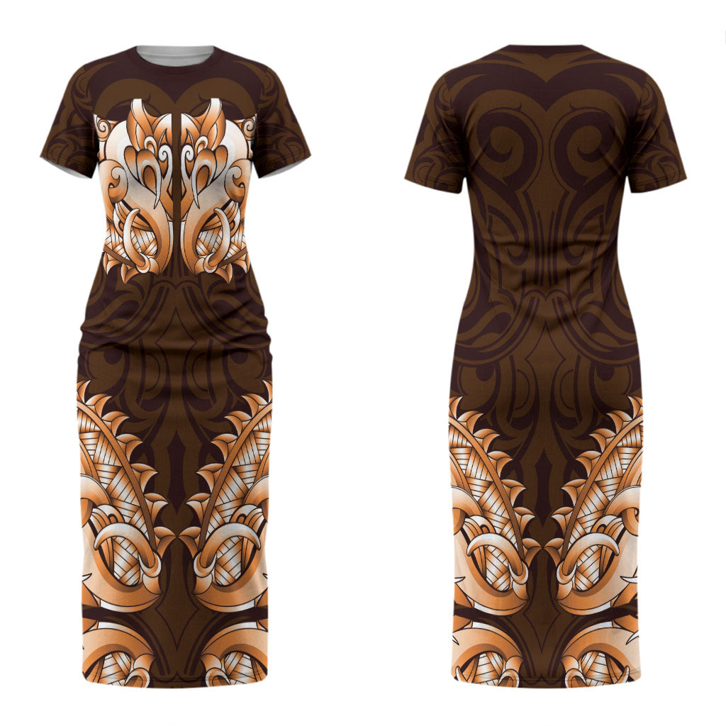 New Zealand Ta Moko Couples Matching Short Sleeve Bodycon Dress and Long Sleeve Button Shirt Aotearoa Maori Chest Tattoo Orange