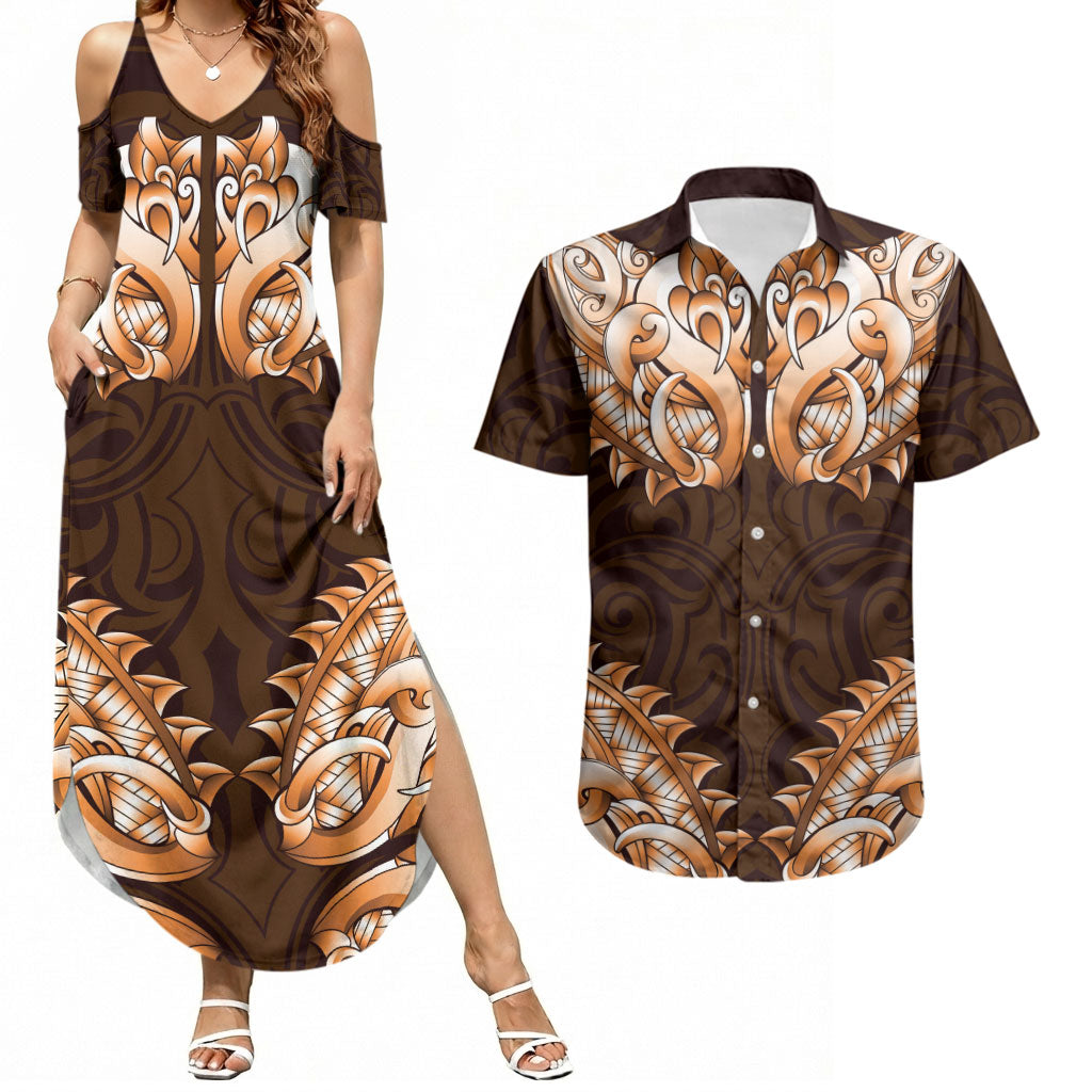 New Zealand Ta Moko Couples Matching Summer Maxi Dress and Hawaiian Shirt Aotearoa Maori Chest Tattoo Orange