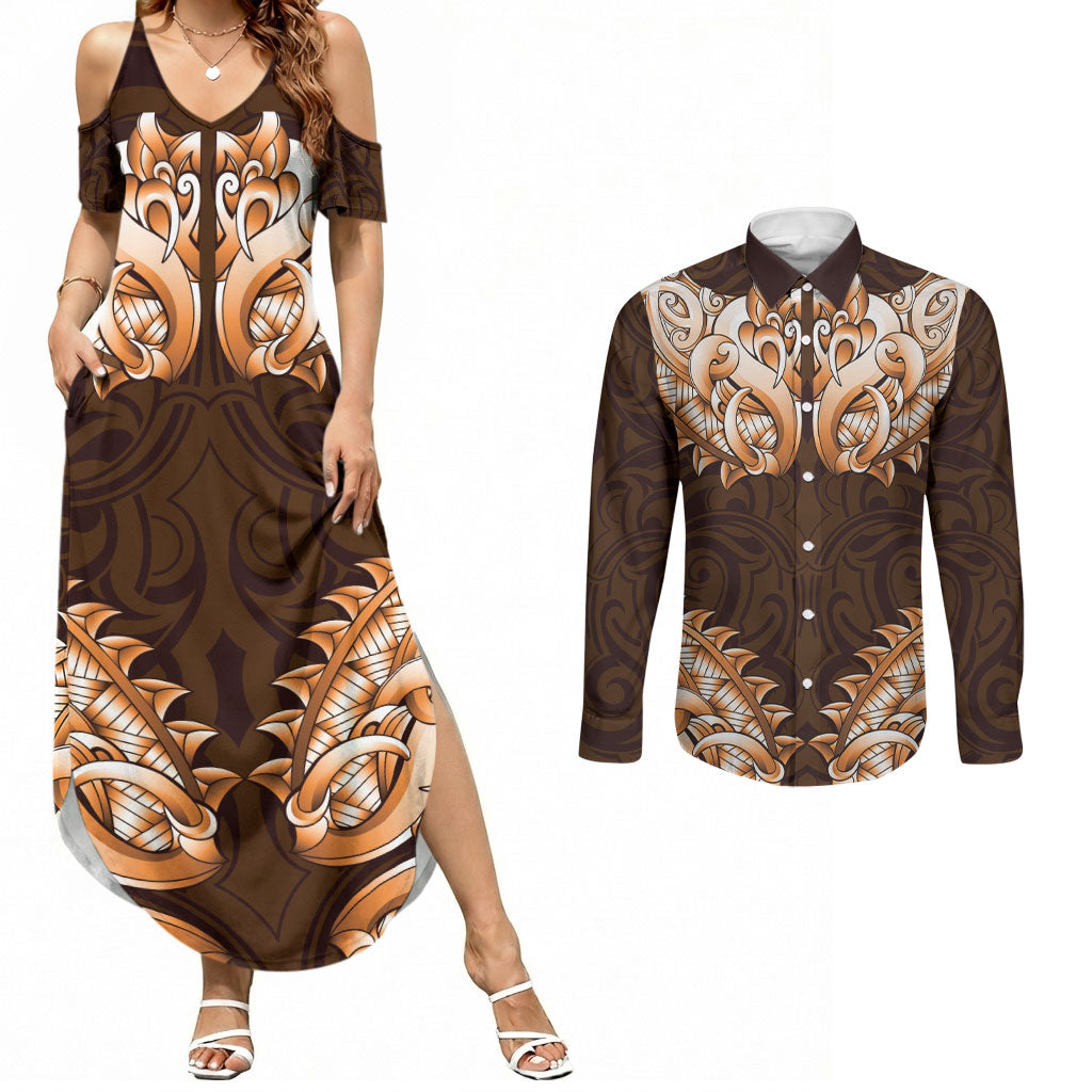 New Zealand Ta Moko Couples Matching Summer Maxi Dress and Long Sleeve Button Shirt Aotearoa Maori Chest Tattoo Orange