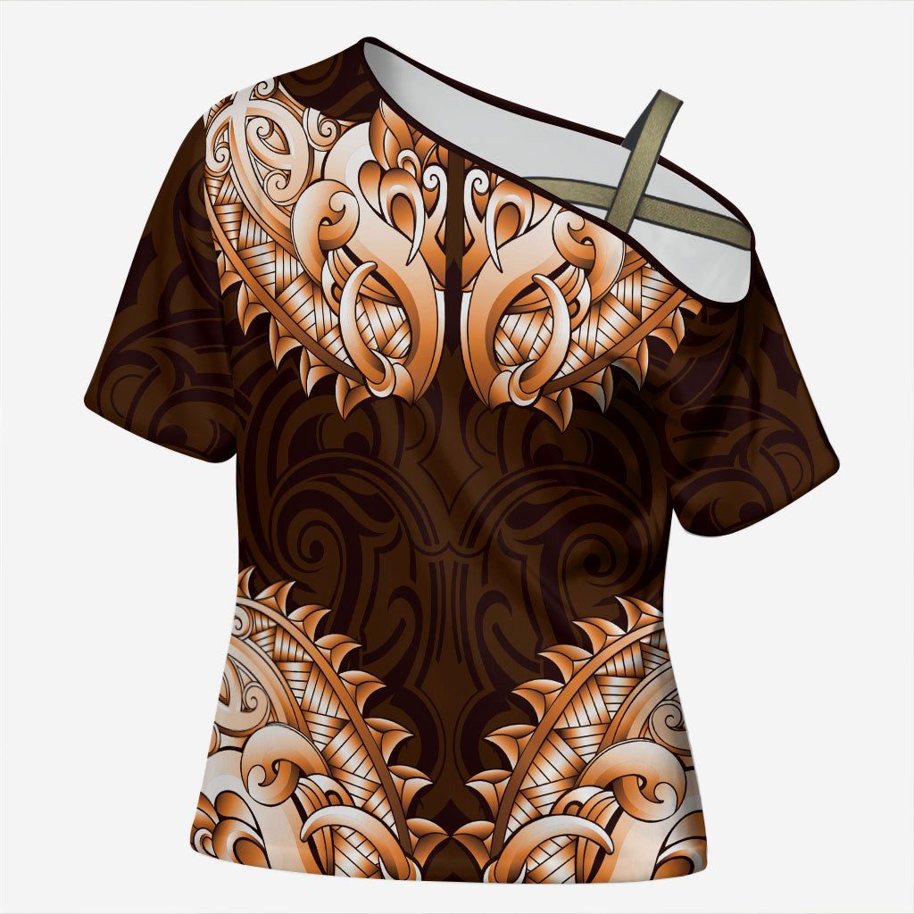 New Zealand Ta Moko Cross Shoulder Shirt Aotearoa Maori Chest Tattoo Orange