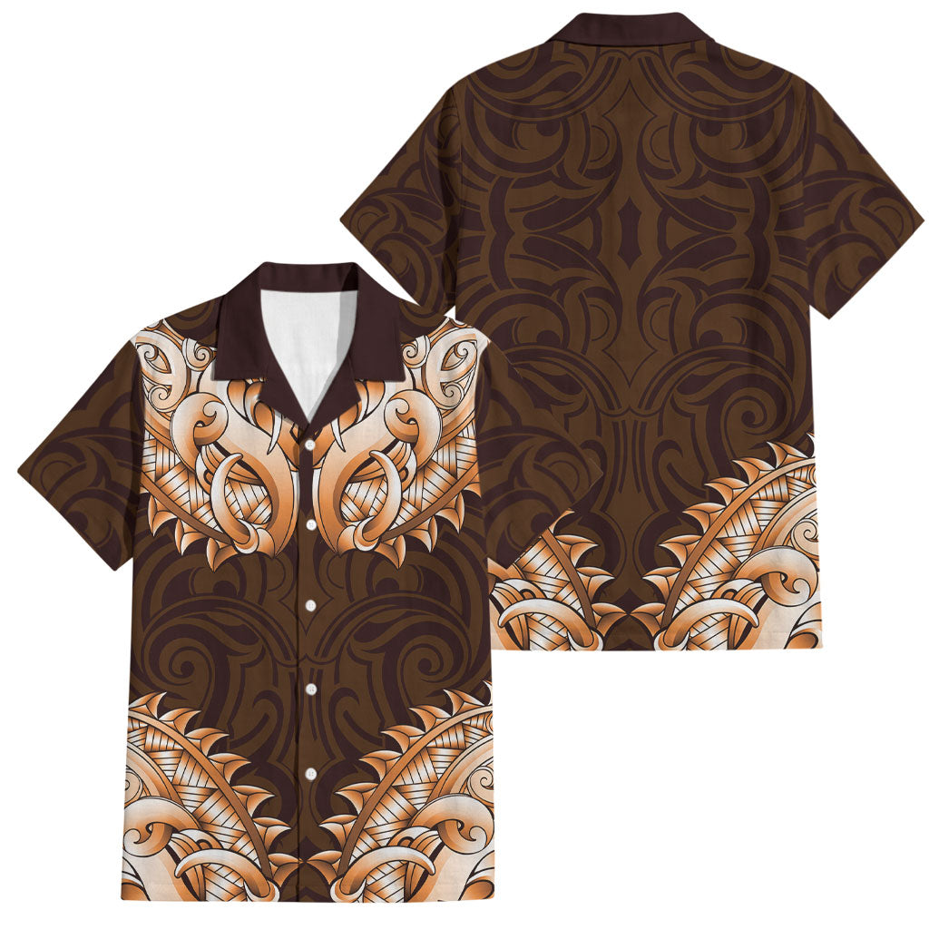 New Zealand Ta Moko Family Matching Off The Shoulder Long Sleeve Dress and Hawaiian Shirt Aotearoa Maori Chest Tattoo Orange
