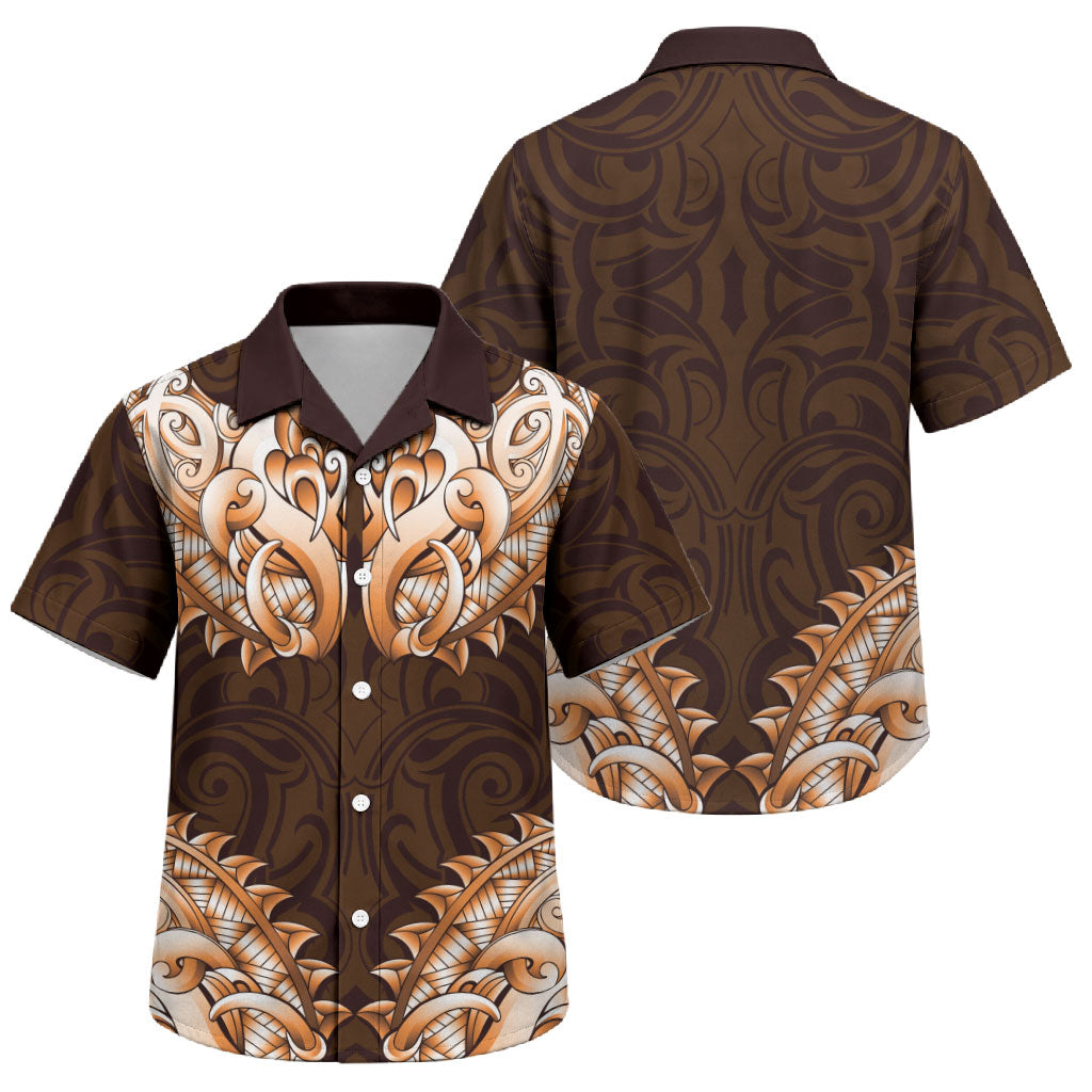 New Zealand Ta Moko Family Matching Off The Shoulder Long Sleeve Dress and Hawaiian Shirt Aotearoa Maori Chest Tattoo Orange