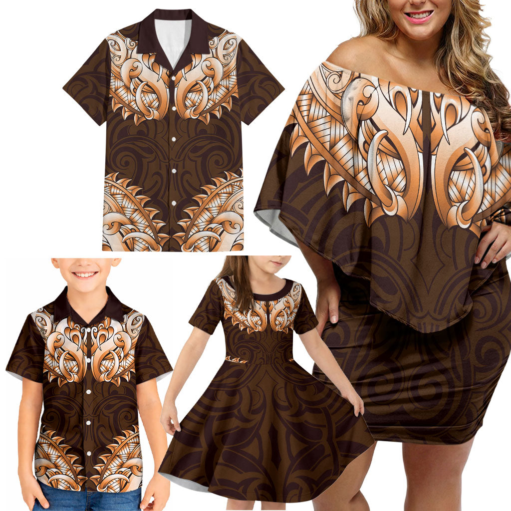 New Zealand Ta Moko Family Matching Off Shoulder Short Dress and Hawaiian Shirt Aotearoa Maori Chest Tattoo Orange