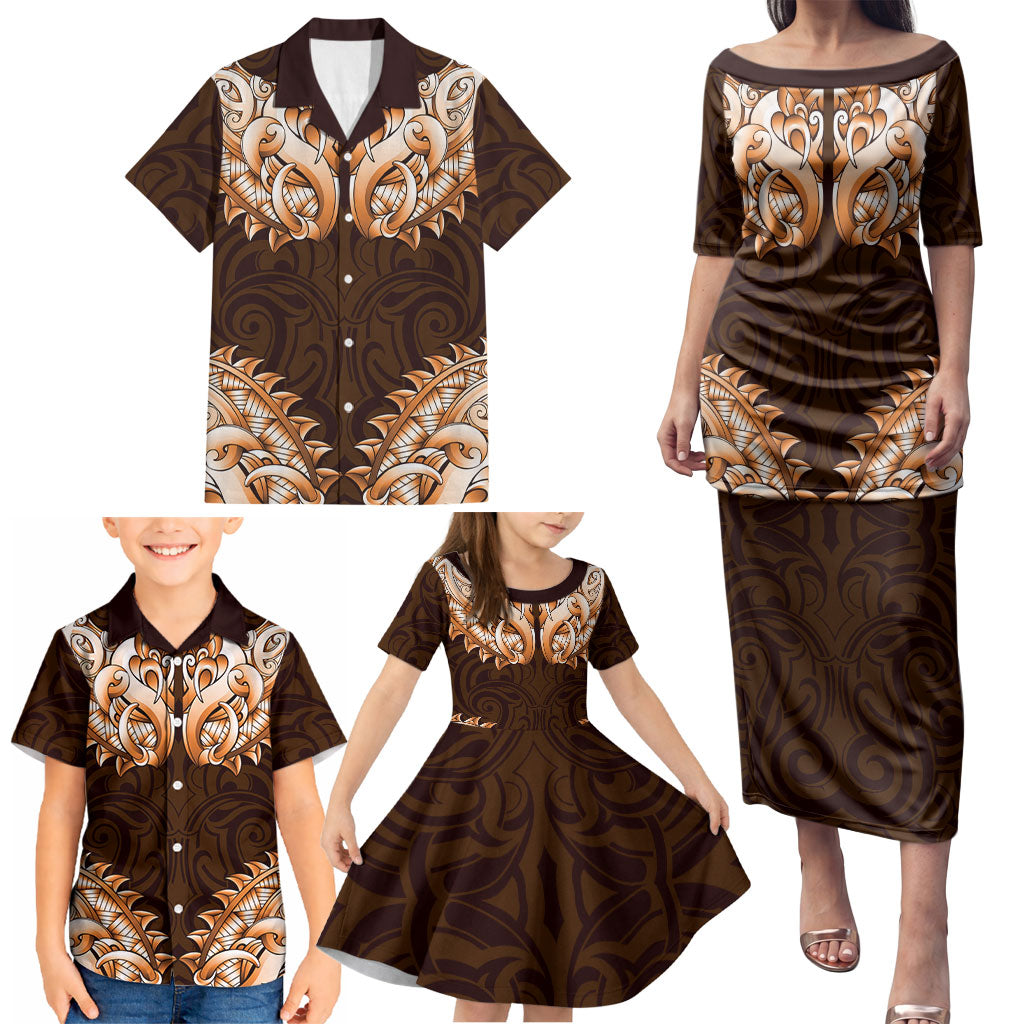 New Zealand Ta Moko Family Matching Puletasi and Hawaiian Shirt Aotearoa Maori Chest Tattoo Orange