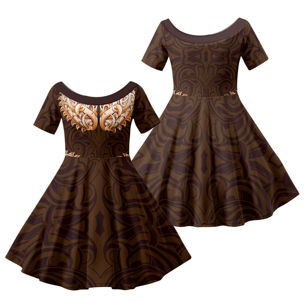 New Zealand Ta Moko Family Matching Short Sleeve Bodycon Dress and Hawaiian Shirt Aotearoa Maori Chest Tattoo Orange