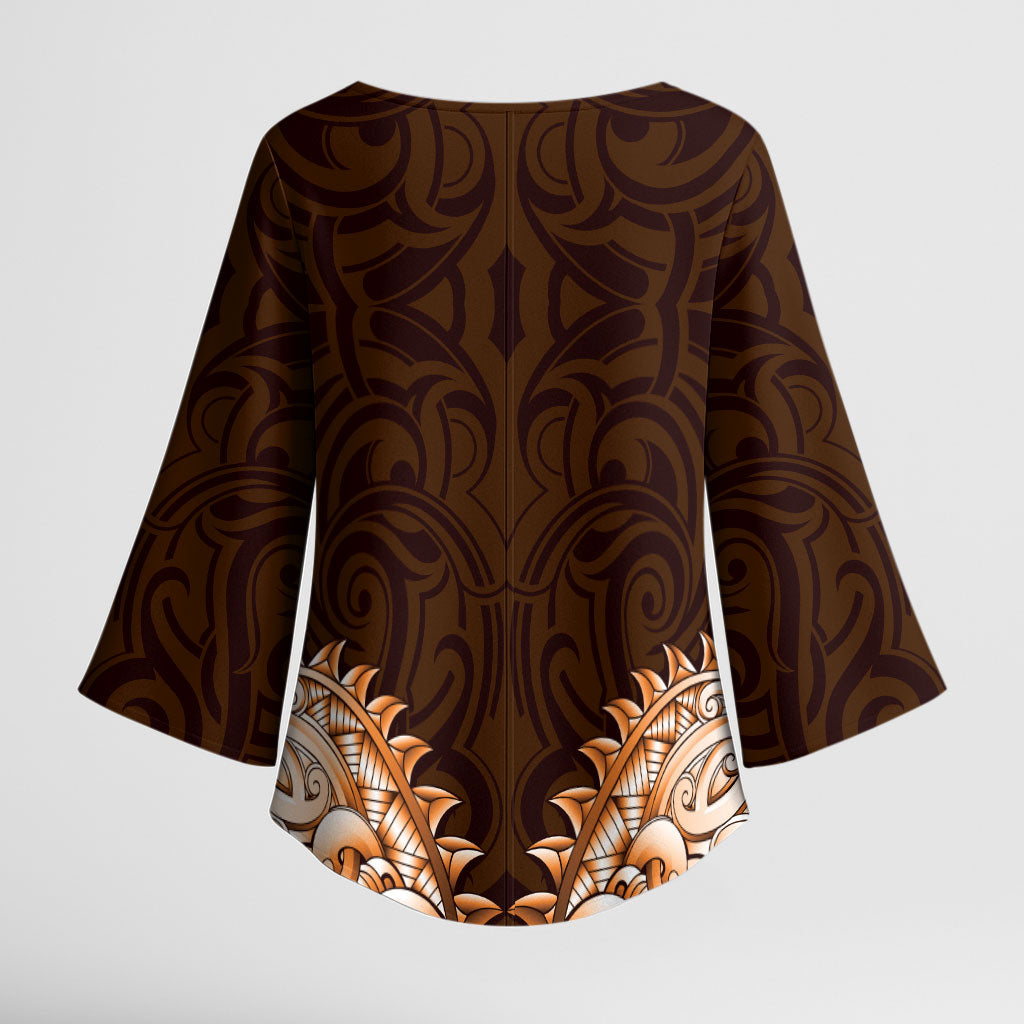 New Zealand Ta Moko Kimono Sleeve Blouse Aotearoa Maori Chest Tattoo Orange
