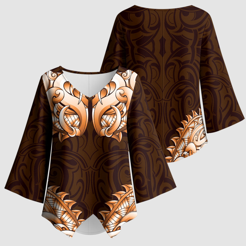 New Zealand Ta Moko Kimono Sleeve Blouse Aotearoa Maori Chest Tattoo Orange