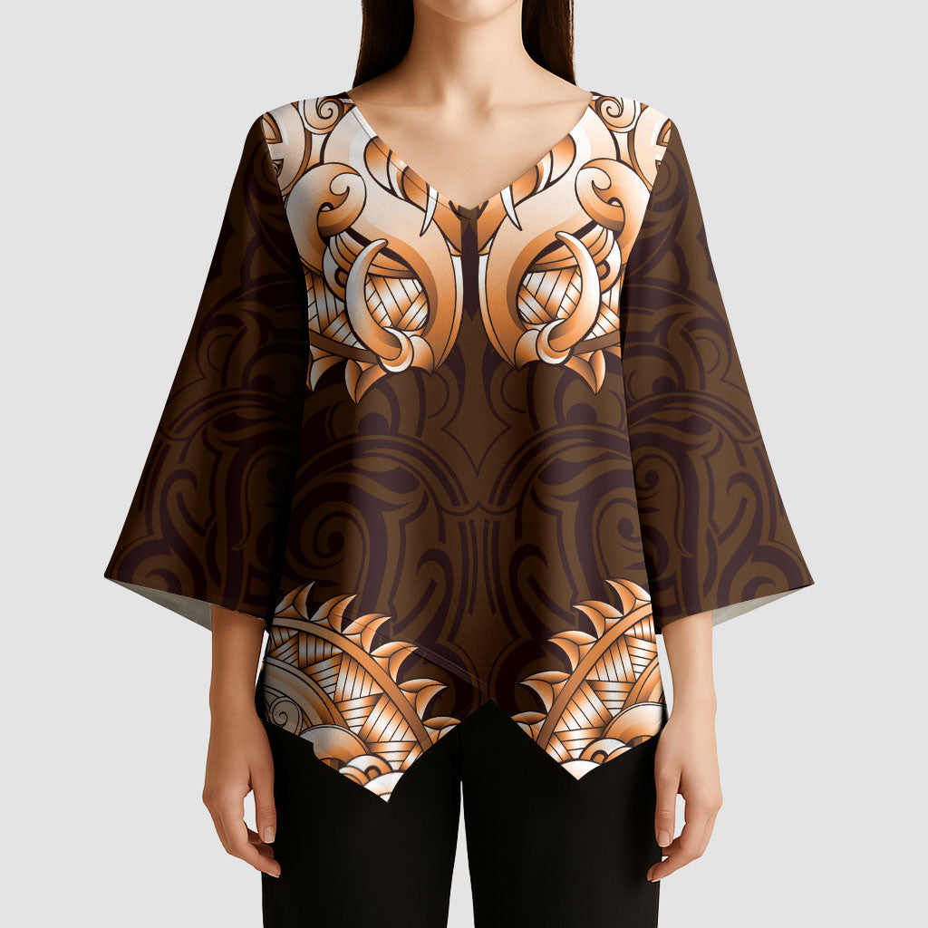 New Zealand Ta Moko Kimono Sleeve Blouse Aotearoa Maori Chest Tattoo Orange